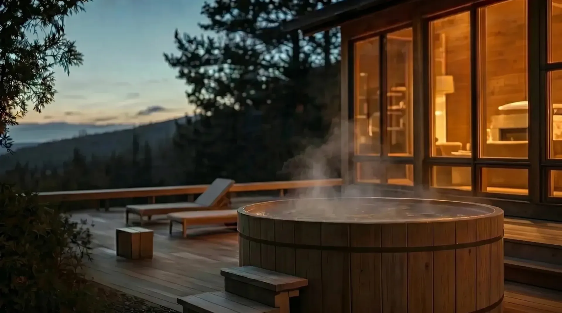 A cedar hot tub steaming on a deck at dusk beside a warmly lit home.