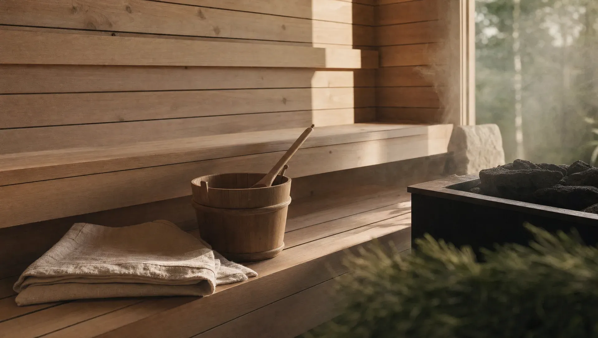 A cedar sauna bench with a wooden bucket and ladle, a folded linen towel, and heated stones, the forest soft beyond the window.